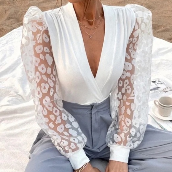 Leopard Print Sheer Puff Long Sleeve Sexy Bodysuit - Picture 5 of 5